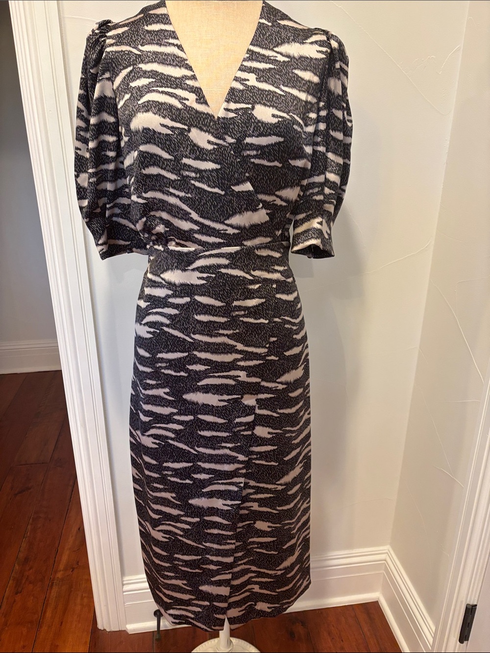 Ted Baker London Black and Cream Abstract Wrap Midi Dress